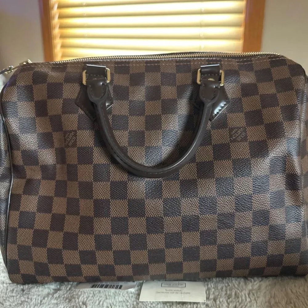 Louis Vuitton Speedy Red Interior Shoulder Bag 30 Brown Canvas Damier Ebene